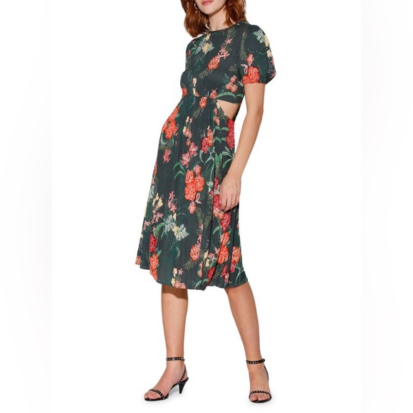 Walter Baker Green Wanita Rainforest Floral Puff Midi Dress